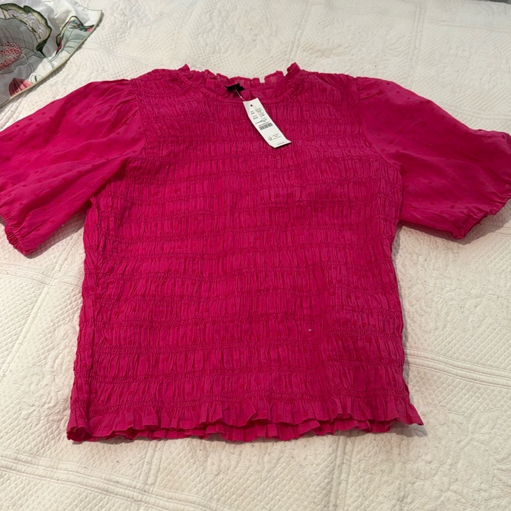 J. crew pink polka dot smocked festive cotton top XS NWT. Perfect for holidays.